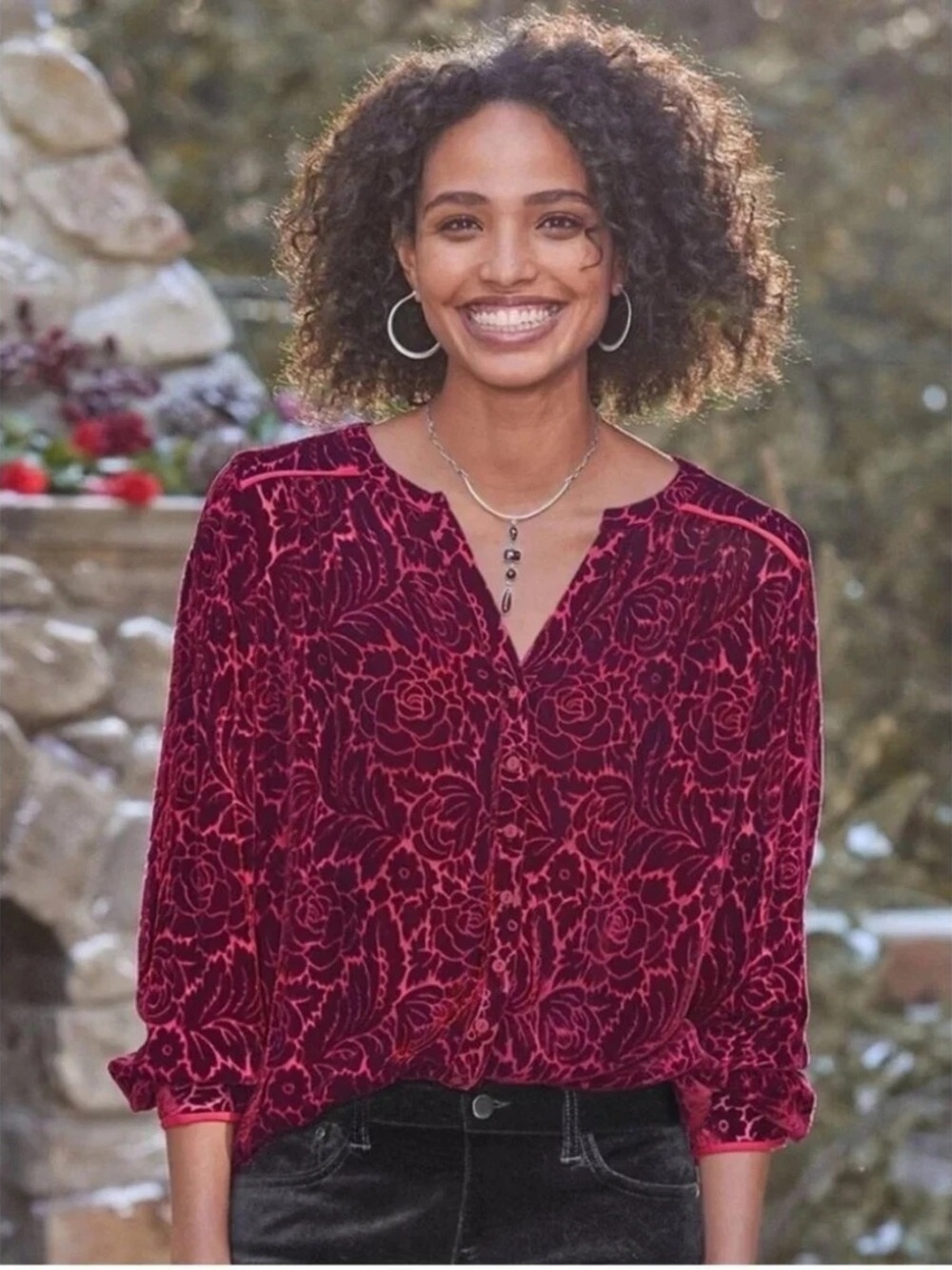 Sundance burgundy velvet burnout silk blend button-down shirt